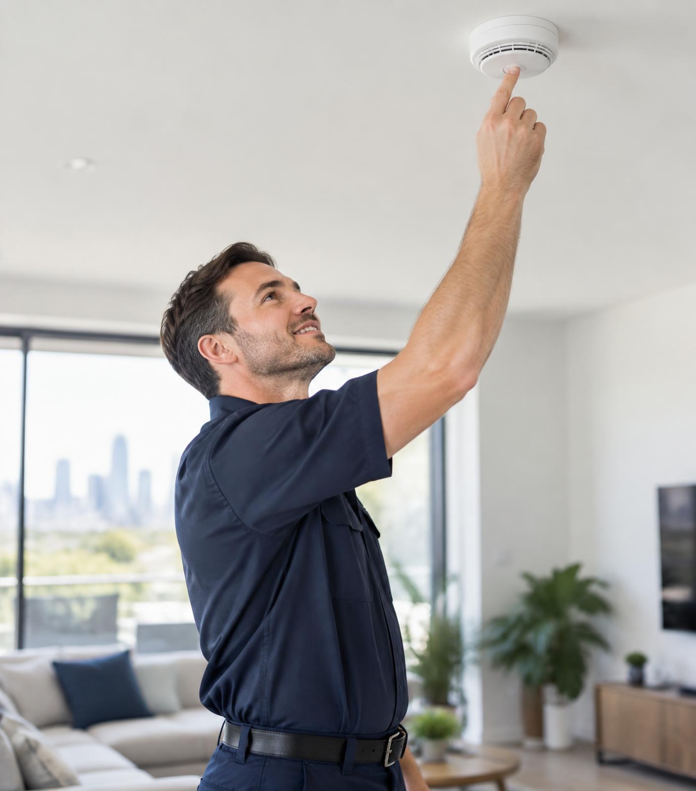 Licensed technician testing a ceiling smoke alarm in a Melbourne home